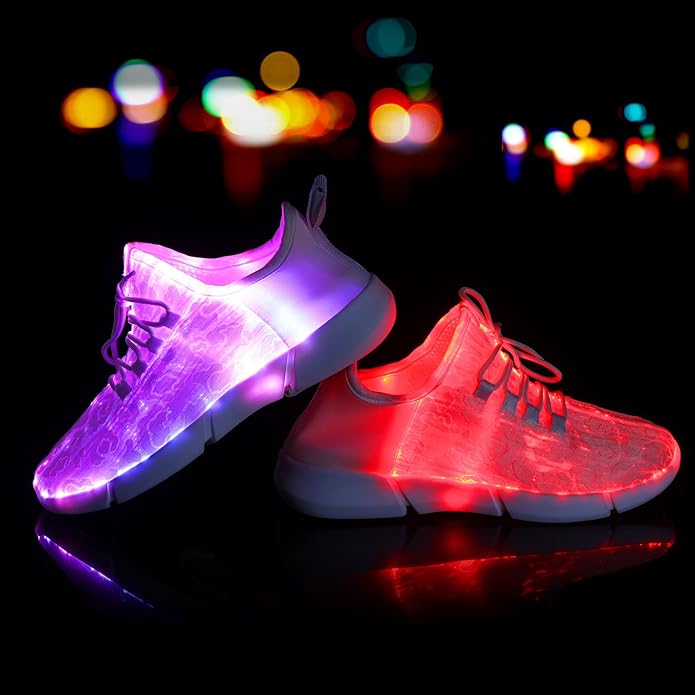 Close-up of a white unisex LED fiber optic sneaker, highlighting its intricate glowing threads & rechargeable port.