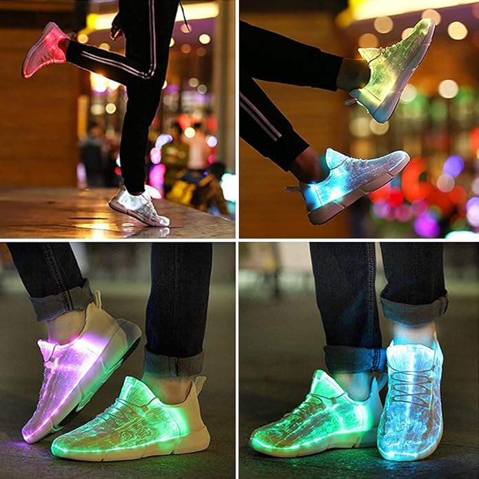 Black unisex fiber optic shoes with multicolor LED lights, perfect for festivals, parties & statement nightlife fashion.