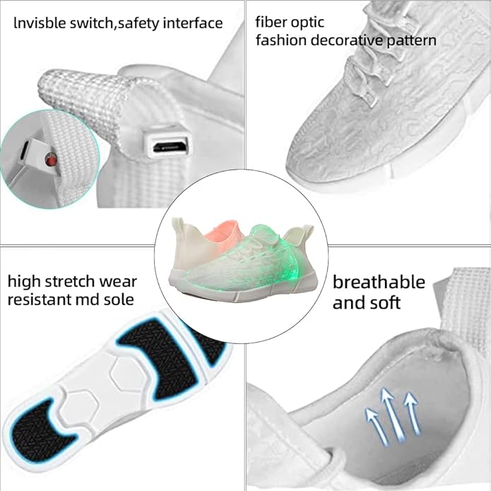 Stylish unisex glowing LED sneakers, featuring fiber optic technology for unique light-up fashion & athletic wear.