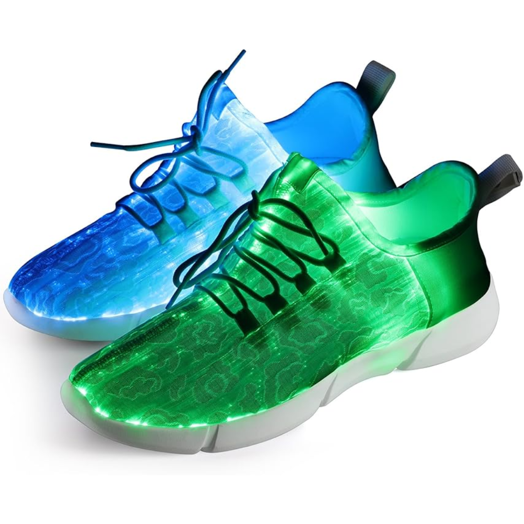 Unisex rechargeable LED fiber optic sneakers, glowing brightly for parties & festivals. Light-up fashion footwear.