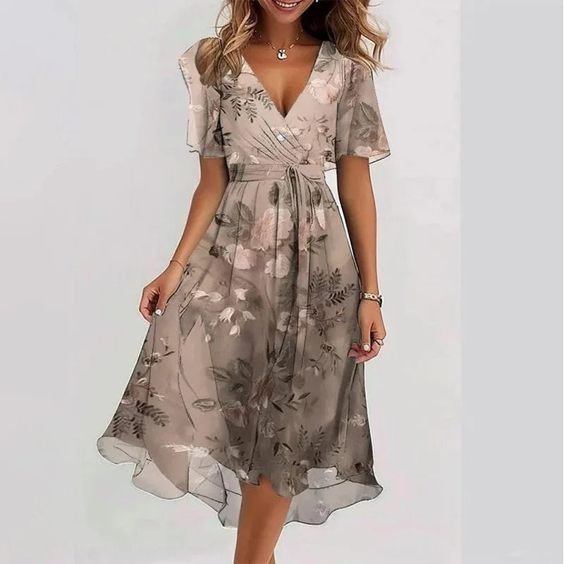 Versatile short sleeve A-line midi dress for women with a flattering V-neck. Perfect casual or elegant summer fashion.