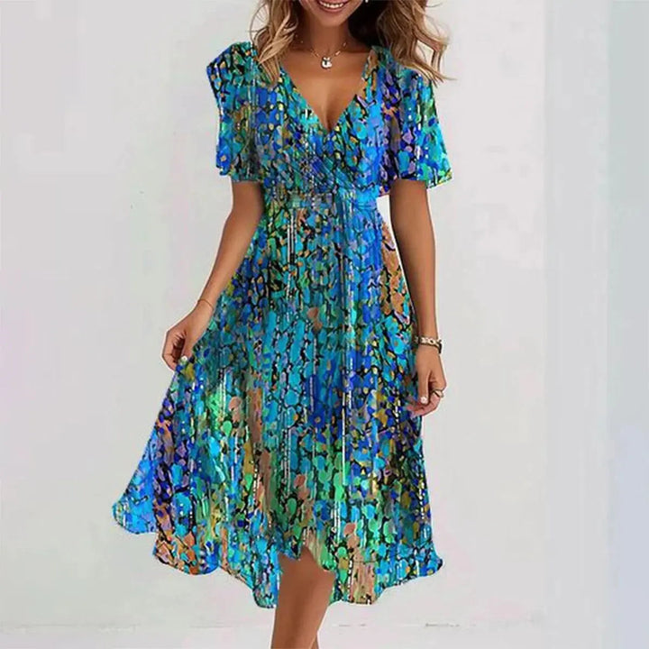 Elegant V-neck wrap mini dress, flowy A-line skirt. Ideal women's spring fashion or summer party attire.