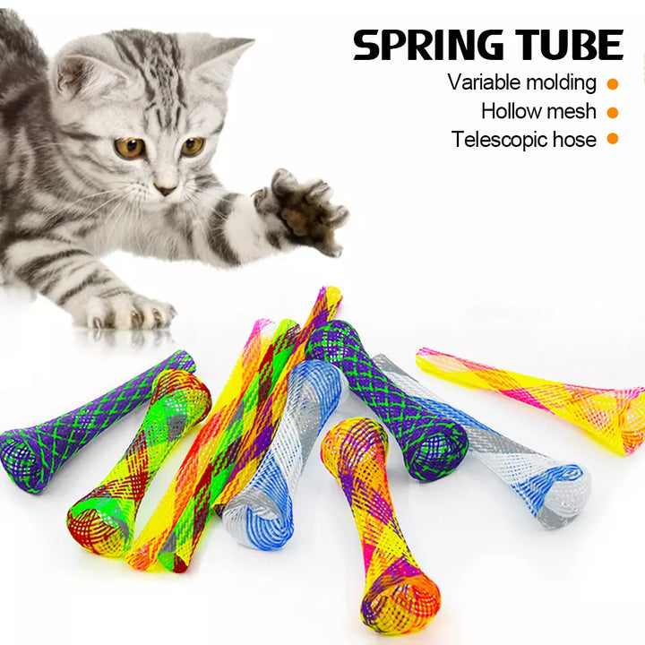 Flexible mesh cat toy sticks in assorted colors, perfect for interactive play and kitten enrichment