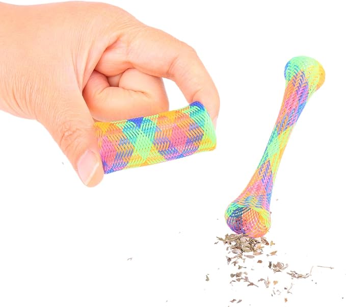 Close-up of a flexible mesh cat toy stick held by a hand, showing its bendable design for active cats