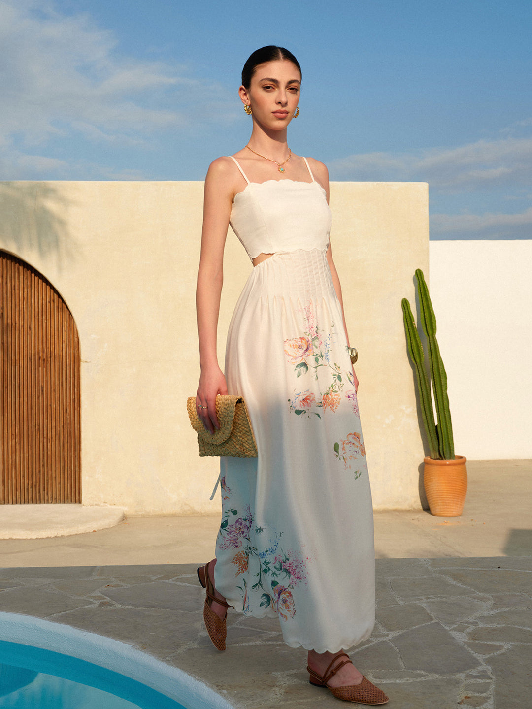Elegant women's boho maxi dress, a comfortable flowy sundress for summer casual wear or vacation.