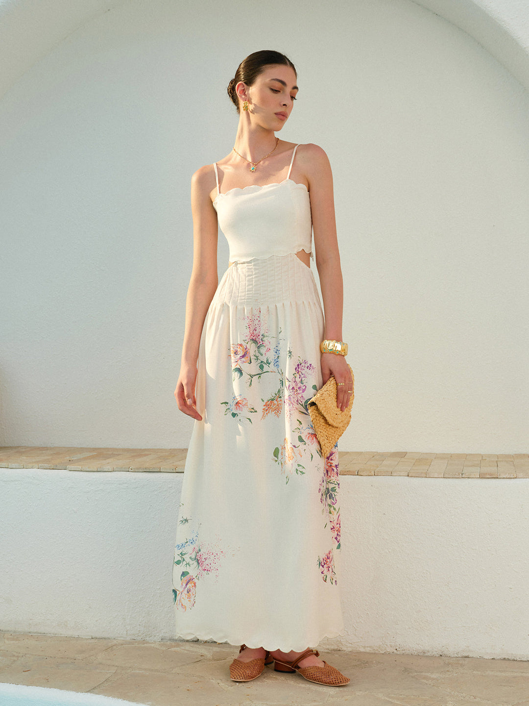 White flowy boho maxi sundress for women, ideal summer casual dress & beach vacation wear.