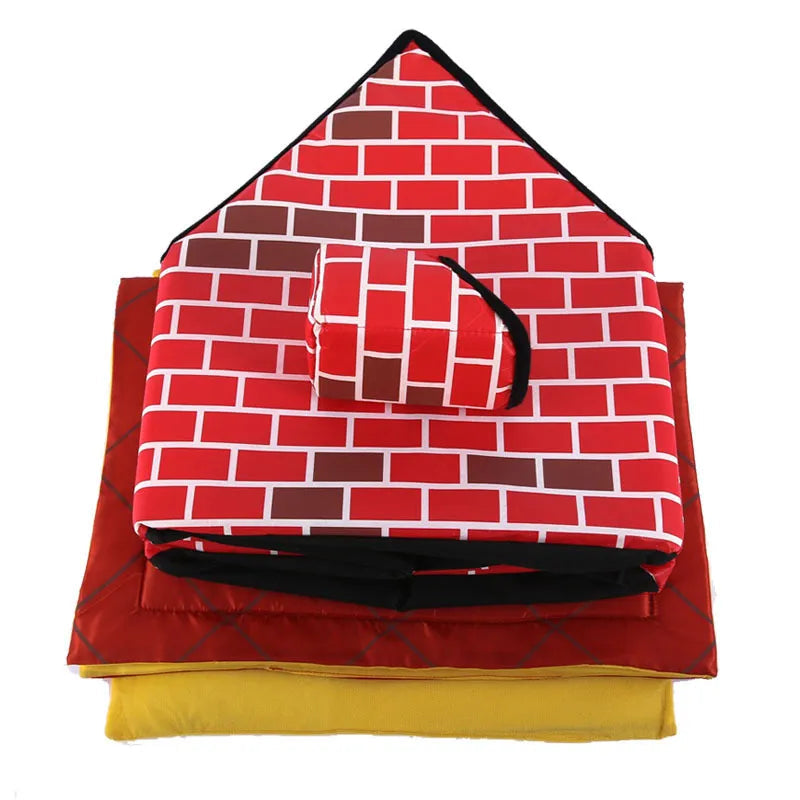 Indoor/outdoor pet shelter, a foldable dog house with a detailed brick design, providing a cozy pet retreat.