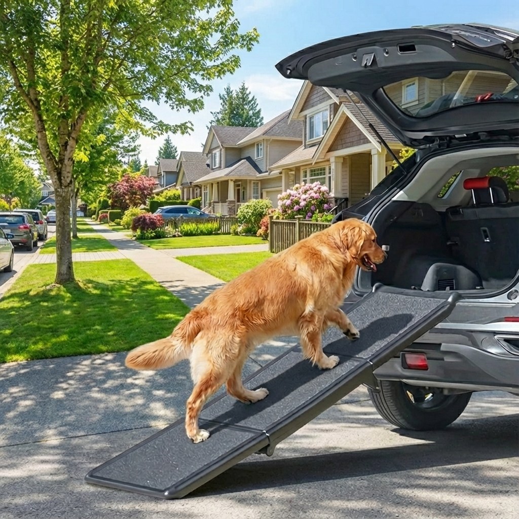Foldable pet ramp for easy vehicle access, helping large dogs with joint support to enter SUVs safely.