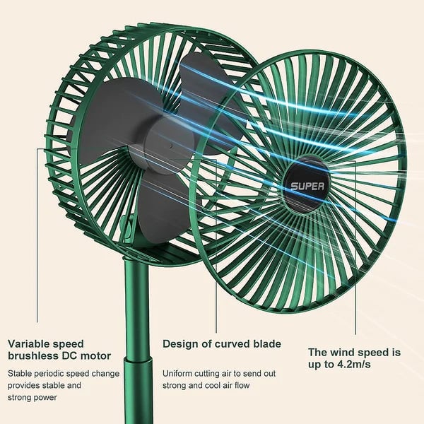 Quiet mini desk fan, 180° rotation, 4 speeds. Ideal for personal cooling in office or bedroom. Rechargeable.