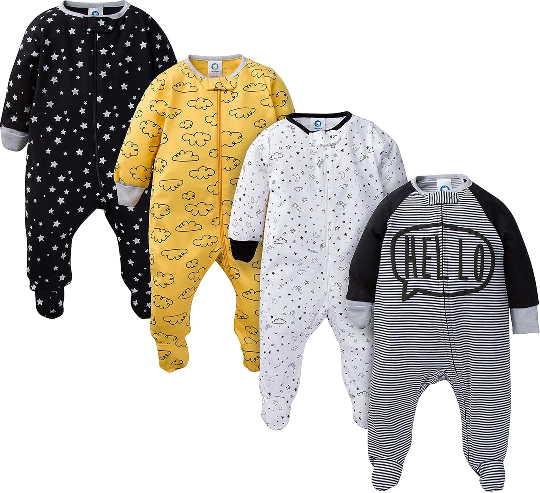 Cute Gerber baby sleepsuit for boys, featuring footed design and easy care fabric.