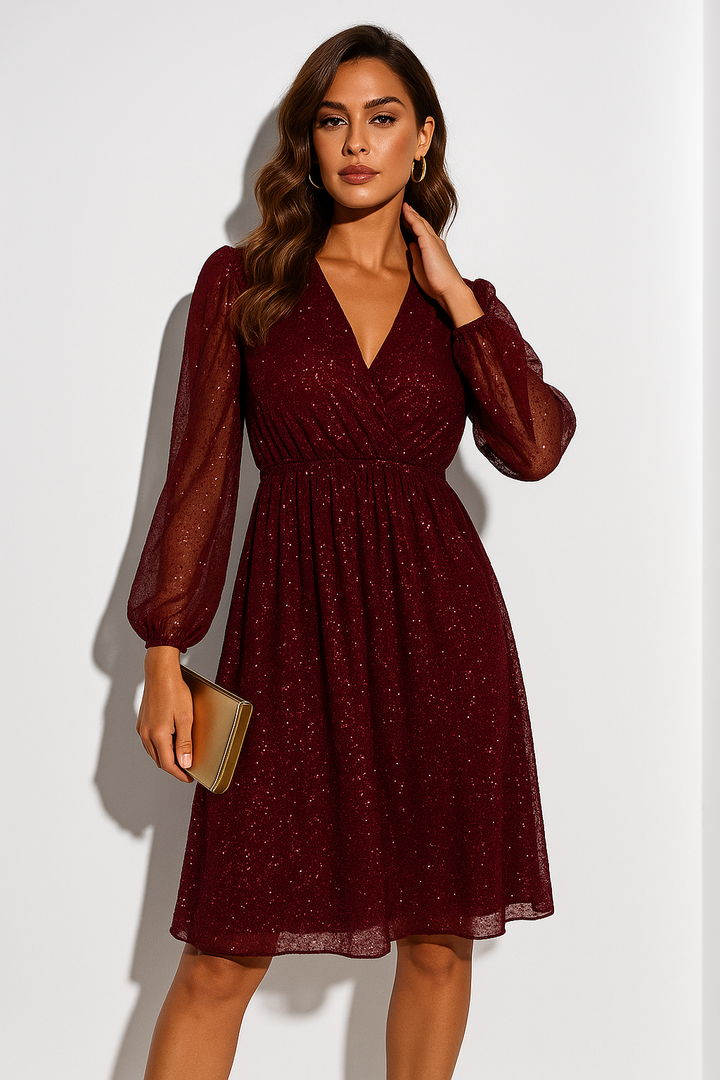 Stylish women's party mini dress, shiny glitter mesh material, flattering V-neck, and delicate puff sleeves.