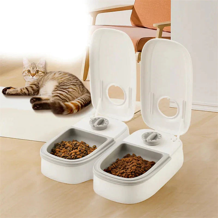 Gray automatic timed feeder for pets, perfect for dog and cat food portion control.