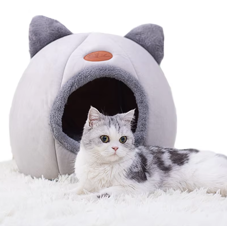 Gray cat-shaped cozy pet bed with a removable cushion, perfect for small cats.