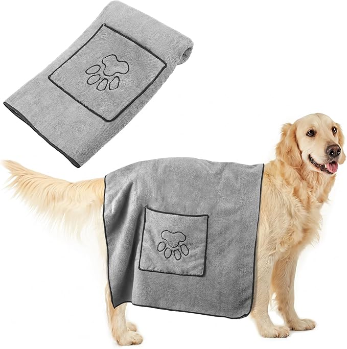 Two grey microfiber pet towels, one unfolded showing hand pockets, highlighting pet care essentials.