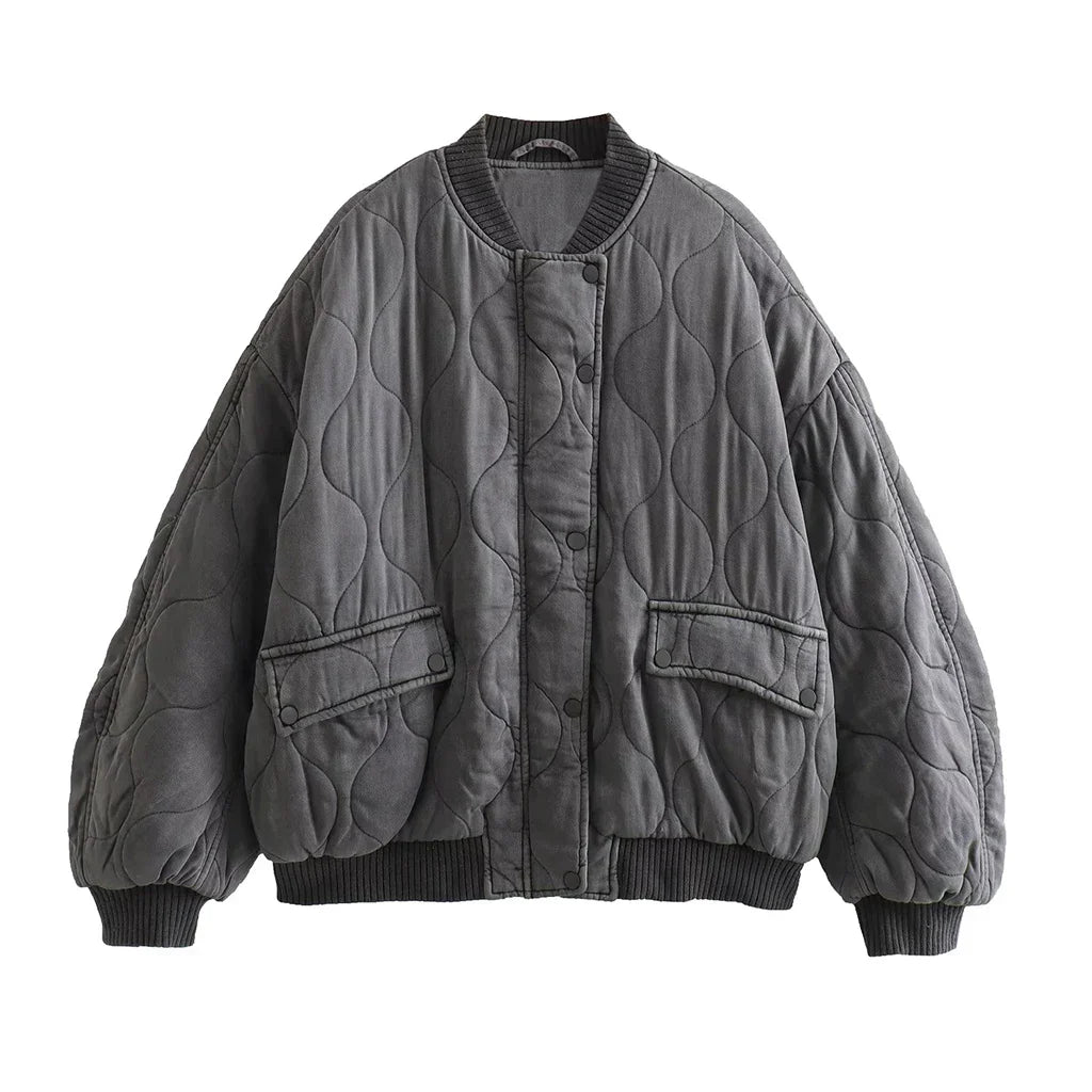Gray women's quilted bomber jacket. Stylish everyday fashion outerwear, perfect for autumn & winter layering.