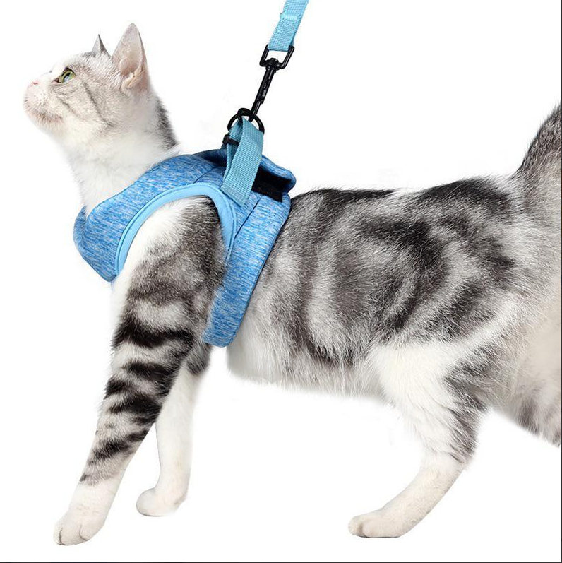 Grey breathable mesh cat harness & leash set on white background for safe outdoor walking.