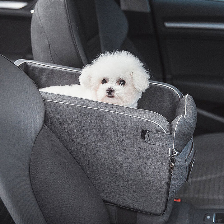 Dog car seat with soft suede finish, elevated for small dogs to see out.