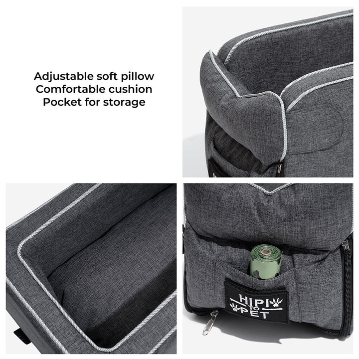 Comfortable pet booster seat with grey suede material, perfect for car travel.