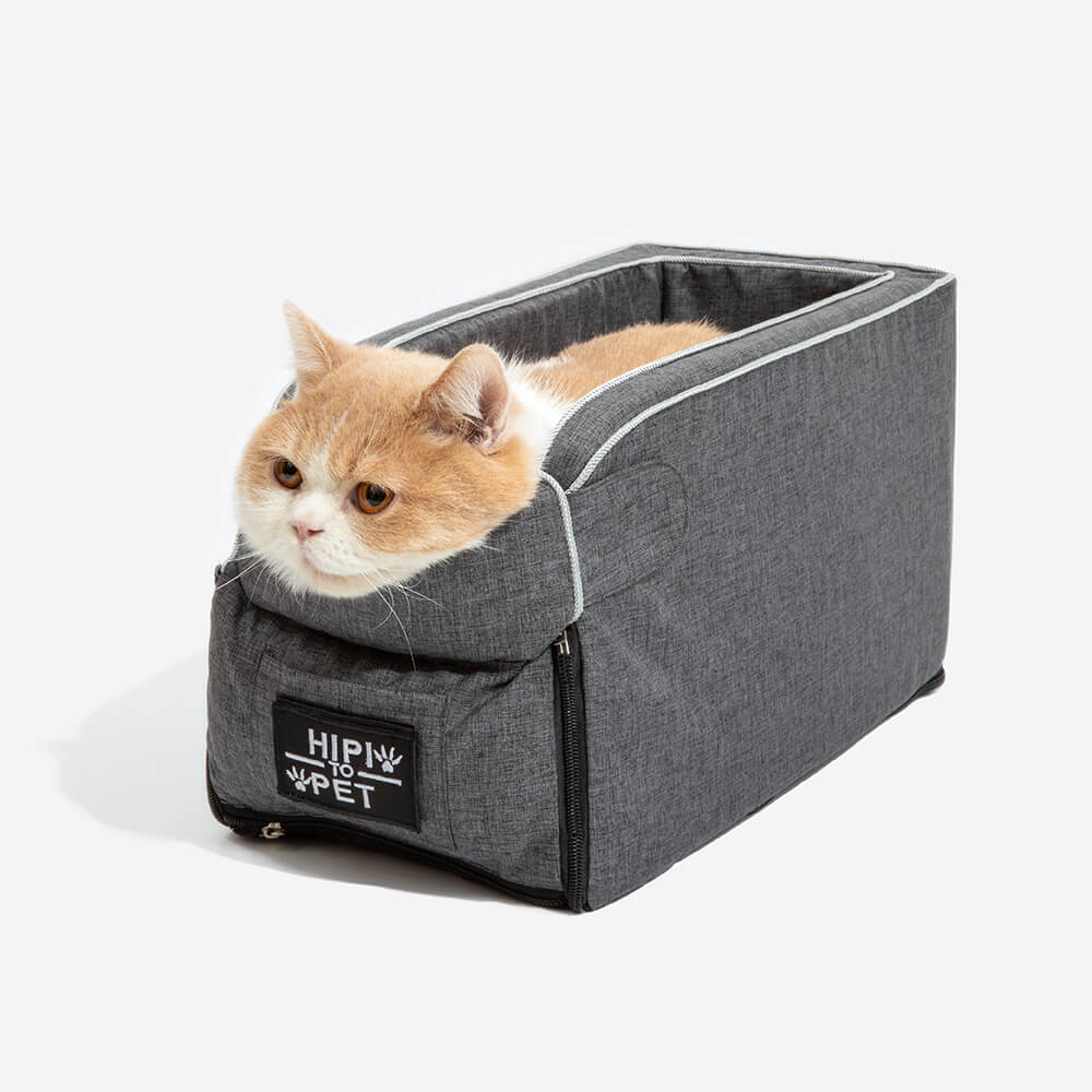 Grey suede square console lookout car seat for small dogs, pet travel safety