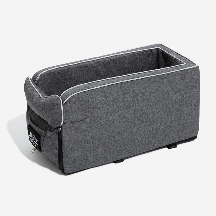 Dog travel accessory: grey suede console car seat for secure and elevated riding