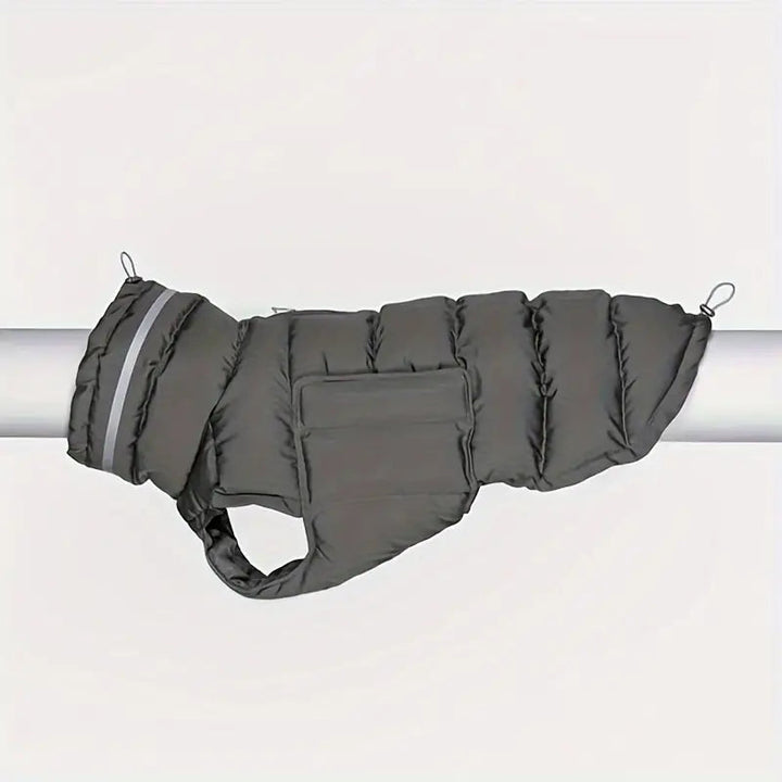 Grey water-resistant dog winter vest for small dogs, adjustable pet coat