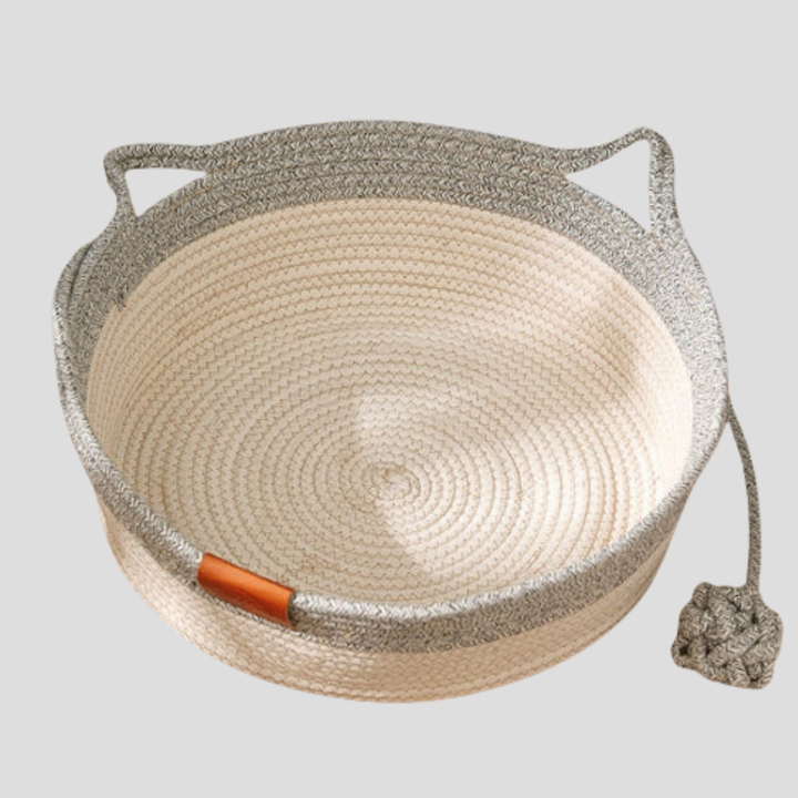 Hand-woven cotton rope cat bed, natural beige, for cozy lounging and pet comfort