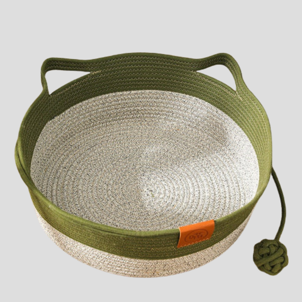 Stylish pet furniture: a round cotton rope cat bed with neutral decor aesthetic