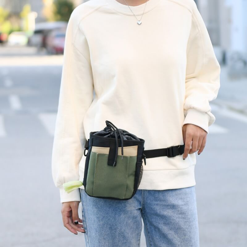 Compact and stylish pet training treat bag for dog owners, enabling efficient and mess-free training