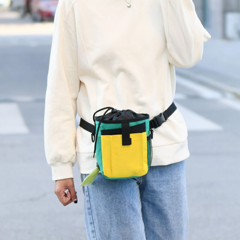 Hands-free dog treat training bag, showcasing its spacious main compartment and easy access for rewards