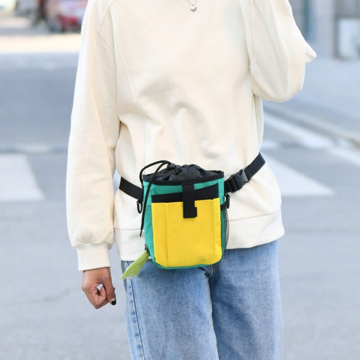 Hands-free dog treat training bag, showcasing its spacious main compartment and easy access for rewards