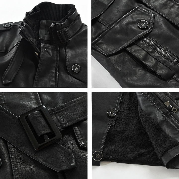 Man wearing a sleek black urban jacket, showcasing its modern style, stand collar, and zippered pocket detail.