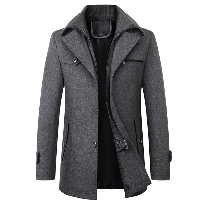 Men's classic tailored trench coat in a neutral color, perfect for elegant fall and winter outerwear.