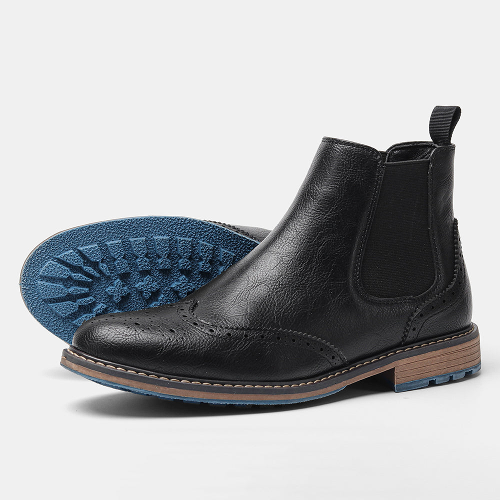 Stylish men's pull-on boots, ideal for smart casual looks, with excellent cushioning and a vibrant blue sole.