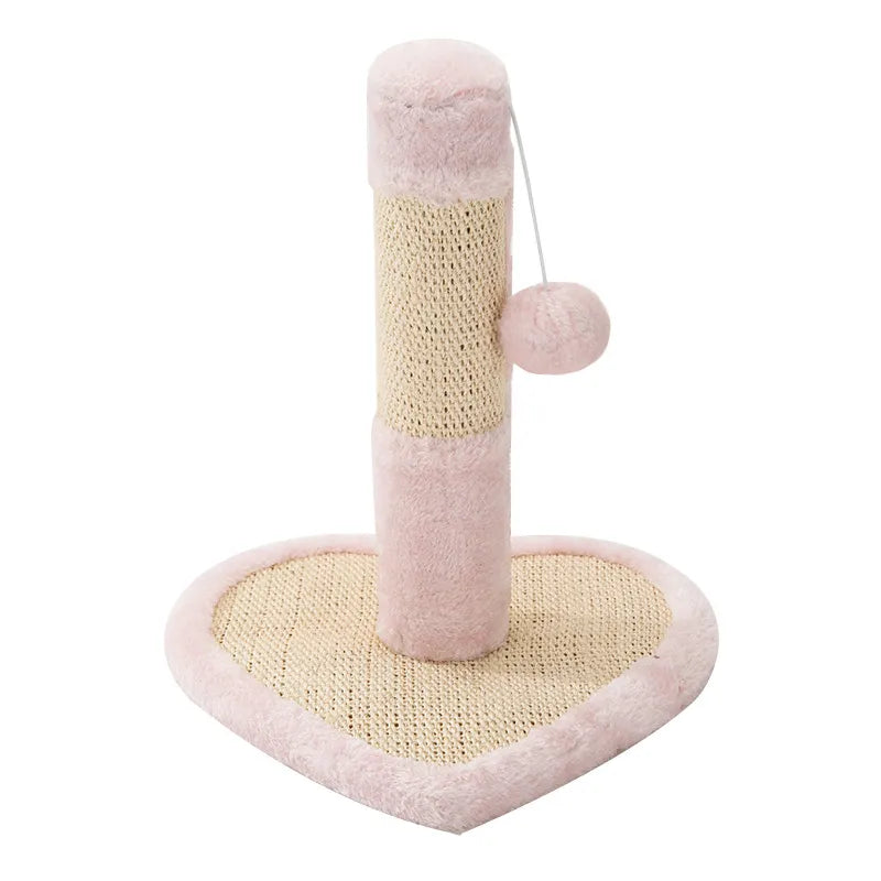 Compact cat scratcher post, heart design, with an engaging toy for small spaces.