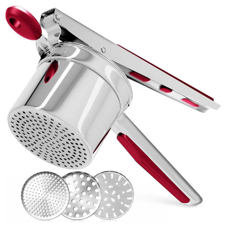 Ergonomic stainless steel potato masher for effortlessly smooth mashed potatoes and other root vegetables.