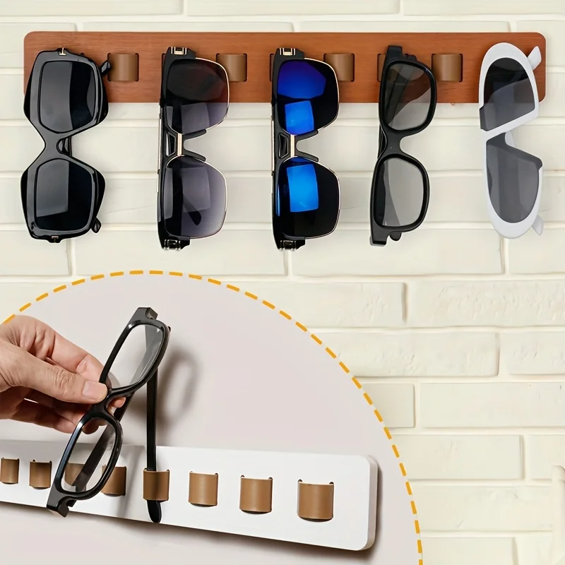 Bamboo wood glasses wall display rack for stylish eyewear storage, space-saving design with leather hangers.