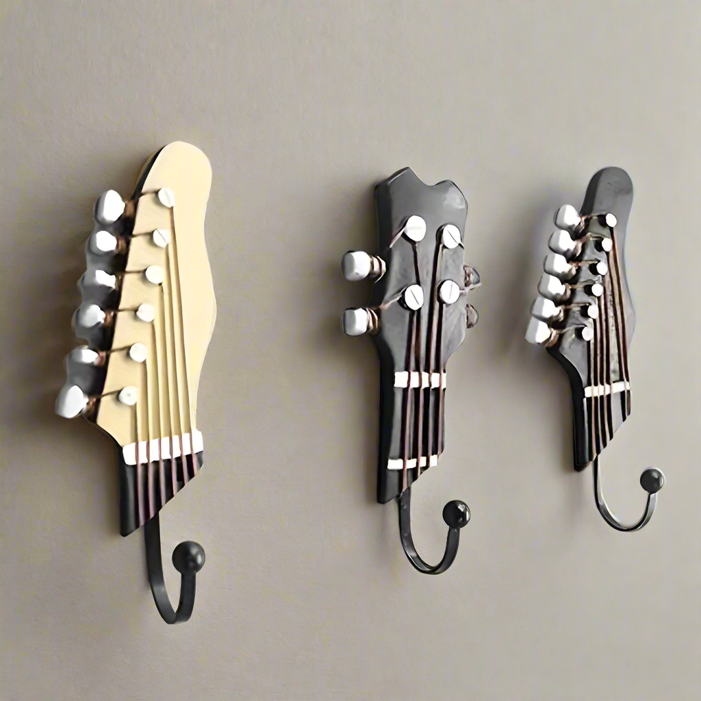 Set of 3 musical guitar wall hooks for entryway key holder or decorative home decor.