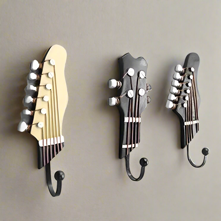 Set of 3 musical guitar wall hooks for entryway key holder or decorative home decor.
