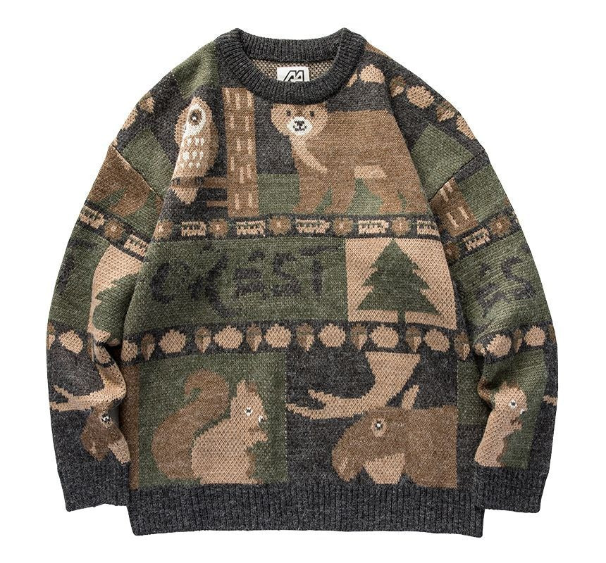Unisex vintage-inspired Forest Friends crewneck sweater. Cozy relaxed fit pullover for fall/winter casual wear.