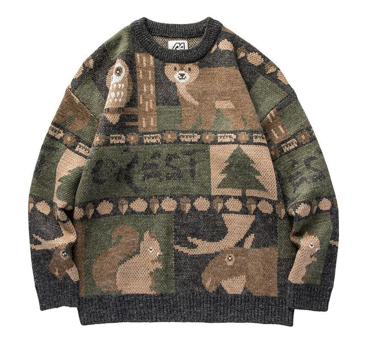 Unisex vintage-inspired Forest Friends crewneck sweater. Cozy relaxed fit pullover for fall/winter casual wear.