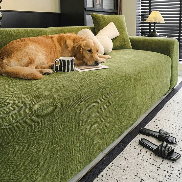 Contemporary herringbone chenille sofa cover, offering superior pet protection