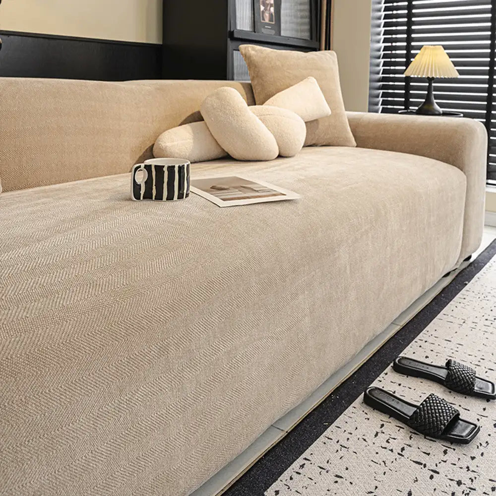 Machine washable herringbone chenille sofa cover, perfect for homes with pets