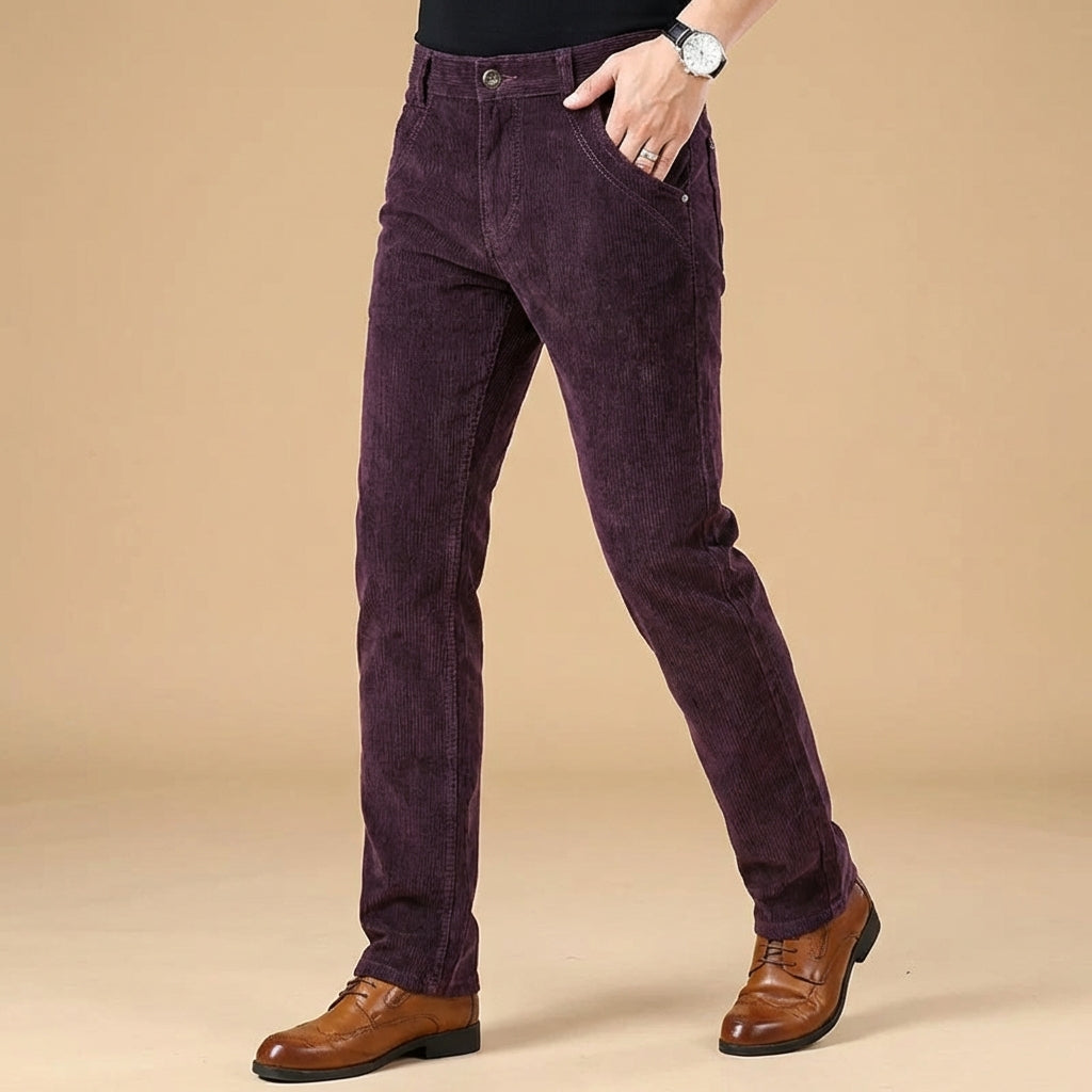 Tailored fit men's corduroy dress pants, perfect for sleek business casual or formal fashion.