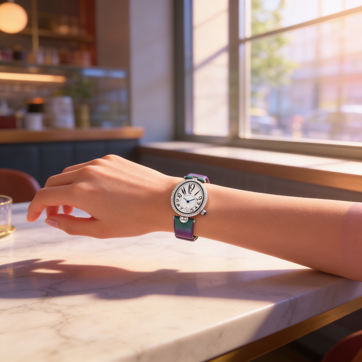 Front view of an elegant women's oval dial watch, highlighting its refined design and genuine leather strap quality.