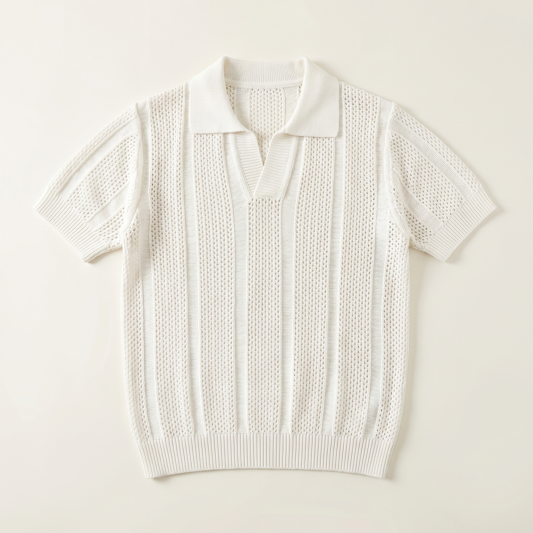 Close-up of men's breathable polo fabric, highlighting comfort & quality. Perfect summer shirt texture.