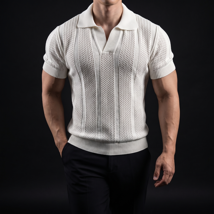 Comfort fit men's breathable polo shirt, perfect short-sleeve top for warm weather & smart casual fashion.