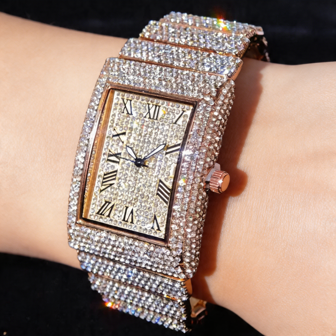 Rose gold men's iced square face watch, a luxury timepiece for unparalleled style.