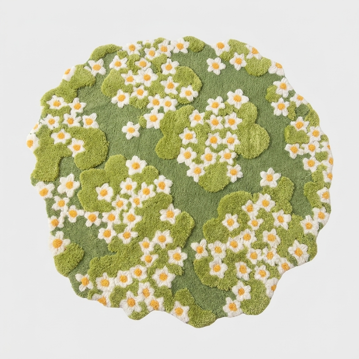 Cute daisy flower pet rug, a charming nature-inspired round floor mat for home decor. Perfect for spring & comfort.