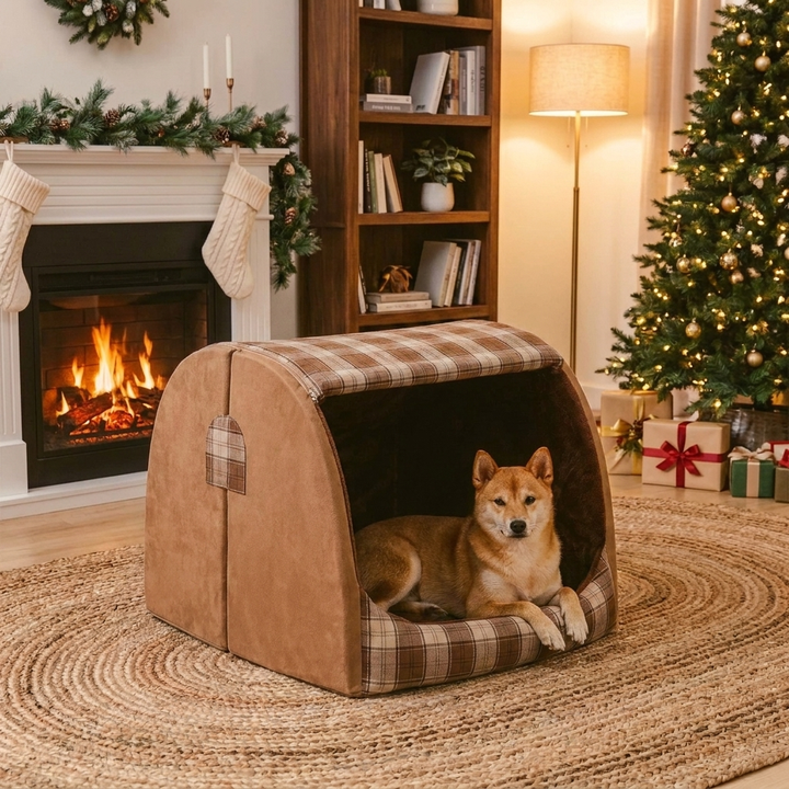 Cozy plaid orthopedic dog house bed, perfect for secure pet comfort. Washable for small to medium dogs.