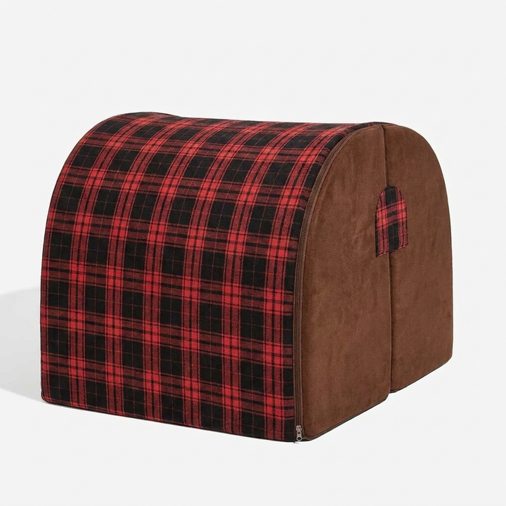 Luxury plaid orthopedic dog bed, designed as a cozy pet house for secure, washable comfort for dogs.